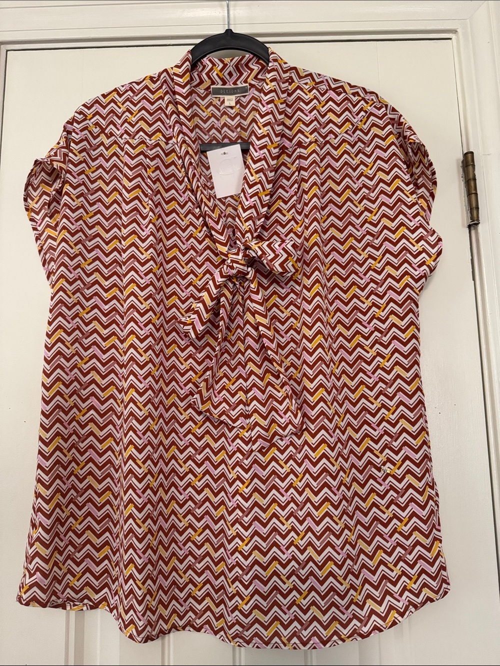 Pleione Chevron Tie-Neck Blouse in Burgundy, Mustard & White